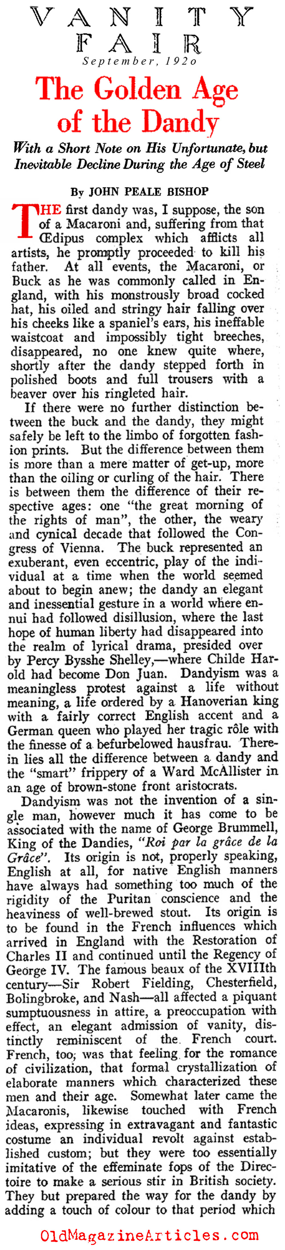 Remembering the Golden Age of the Dandy  (Vanity Fair Magazine, 1920)