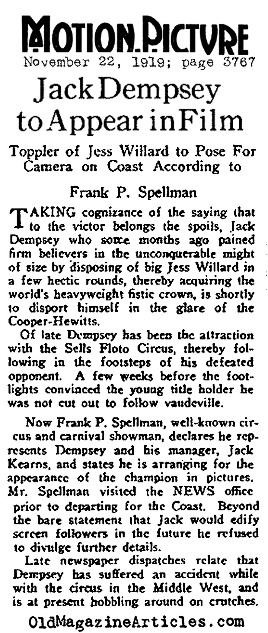 Jack Dempsey In Silent Movies  (Motion Picture News & Vanity Fair, 1919)