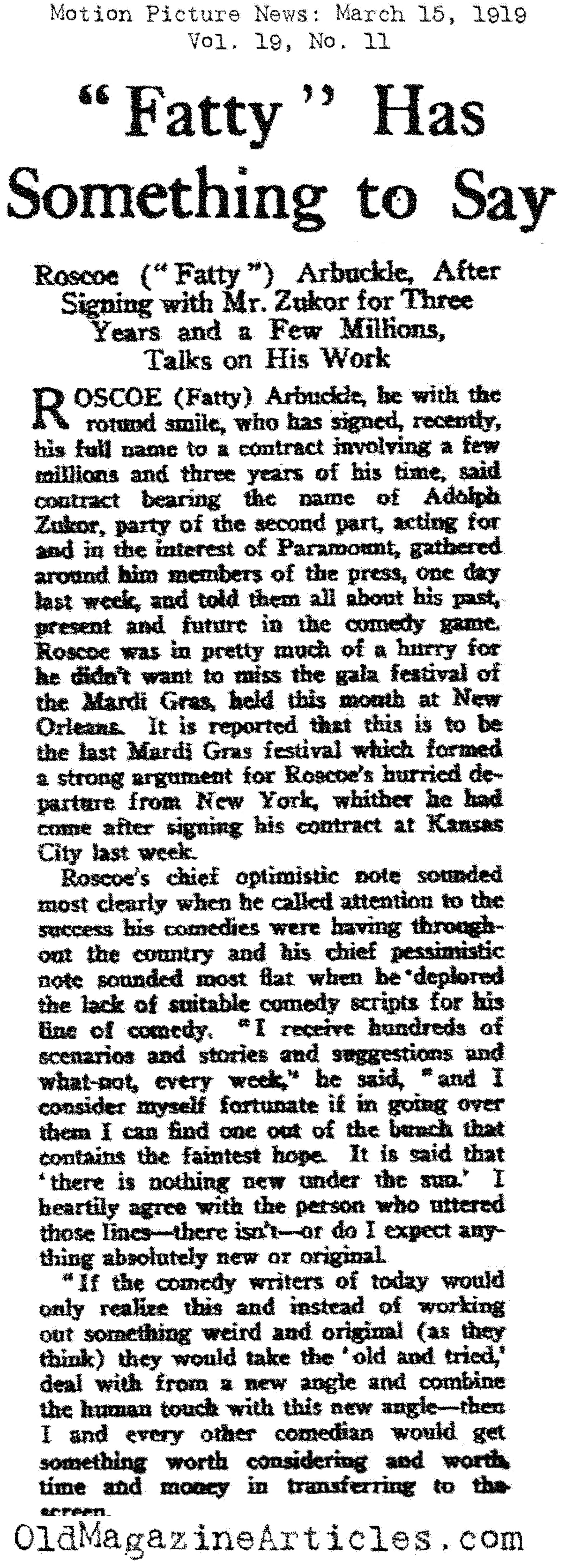 Fatty Arbuckle Has Something to Say... (Motion Picture News, 1919)