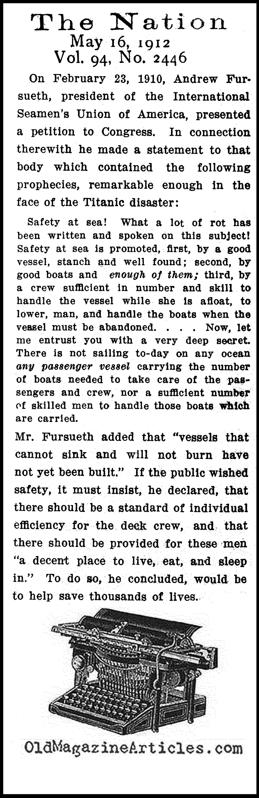 Anticipating the <em>Titanic</em> Disaster (The Nation, 1912)