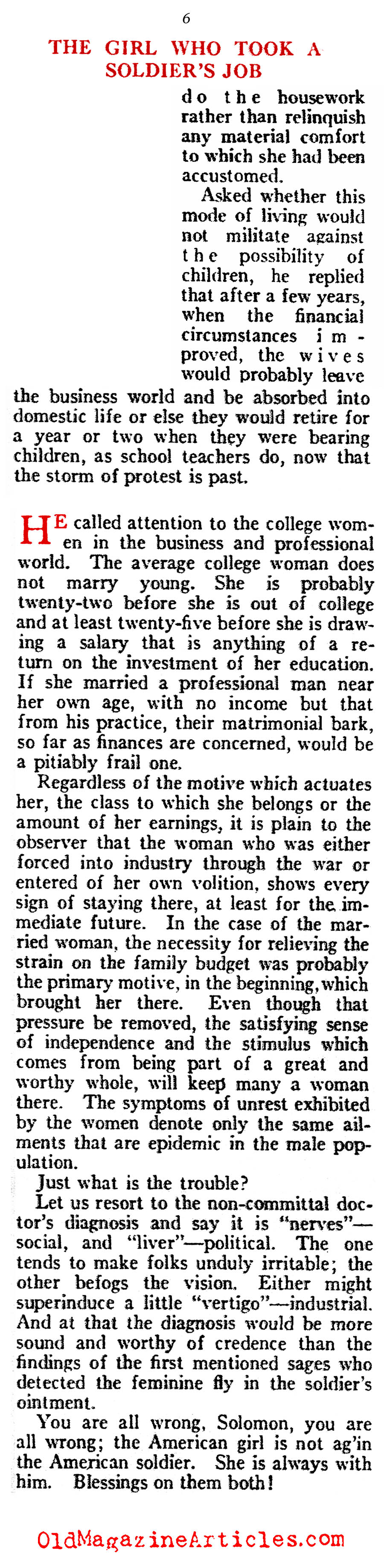 ''The Woman Who Took A Soldier's Job'' (American Legion Weekly, 1919)