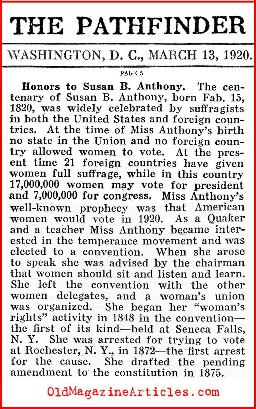 A Salute to Susan B. Anthony (Pathfinder Magazine, 1920)