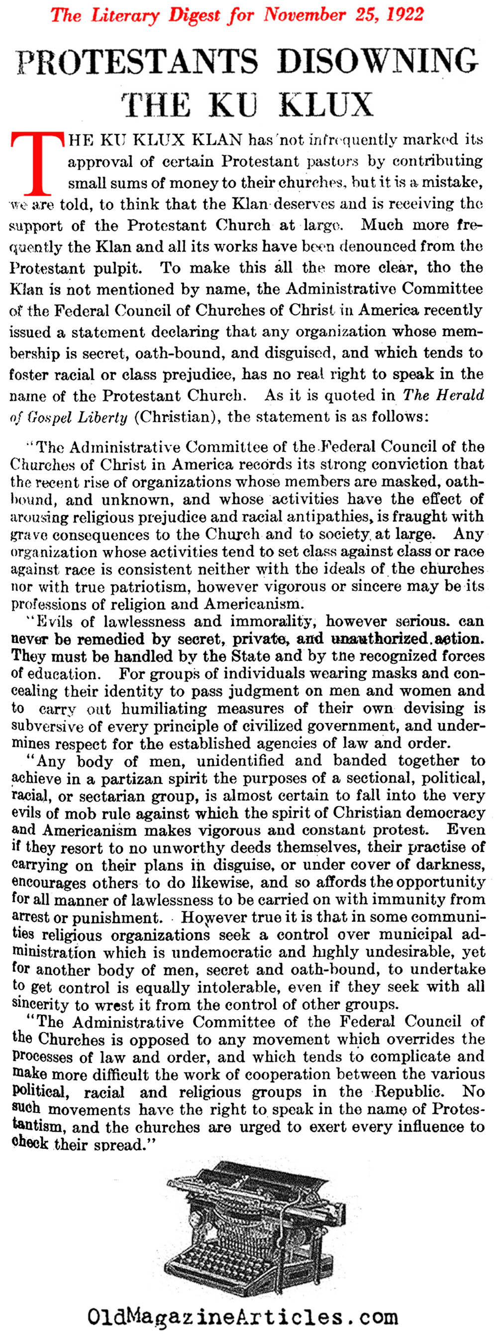 Protestant Churches Condemn the KKK (The Literary Digest, 1922)