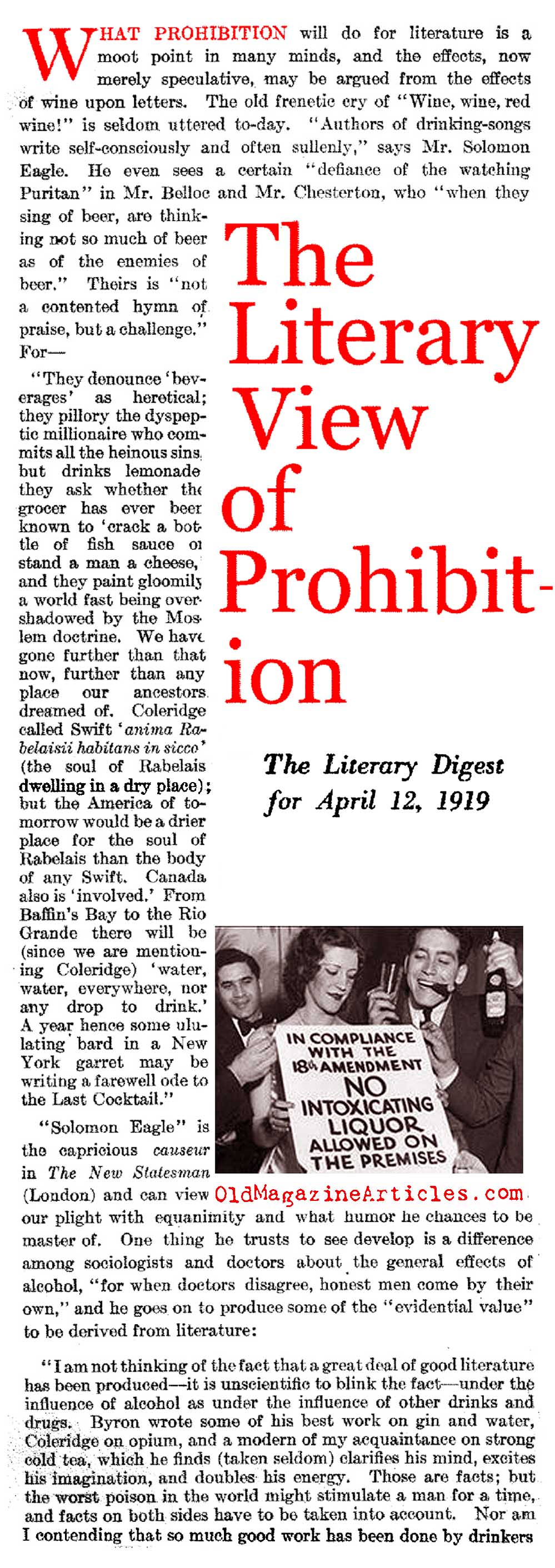 ''The Literary View of Prohibition'' (Literary Digest, 1919)