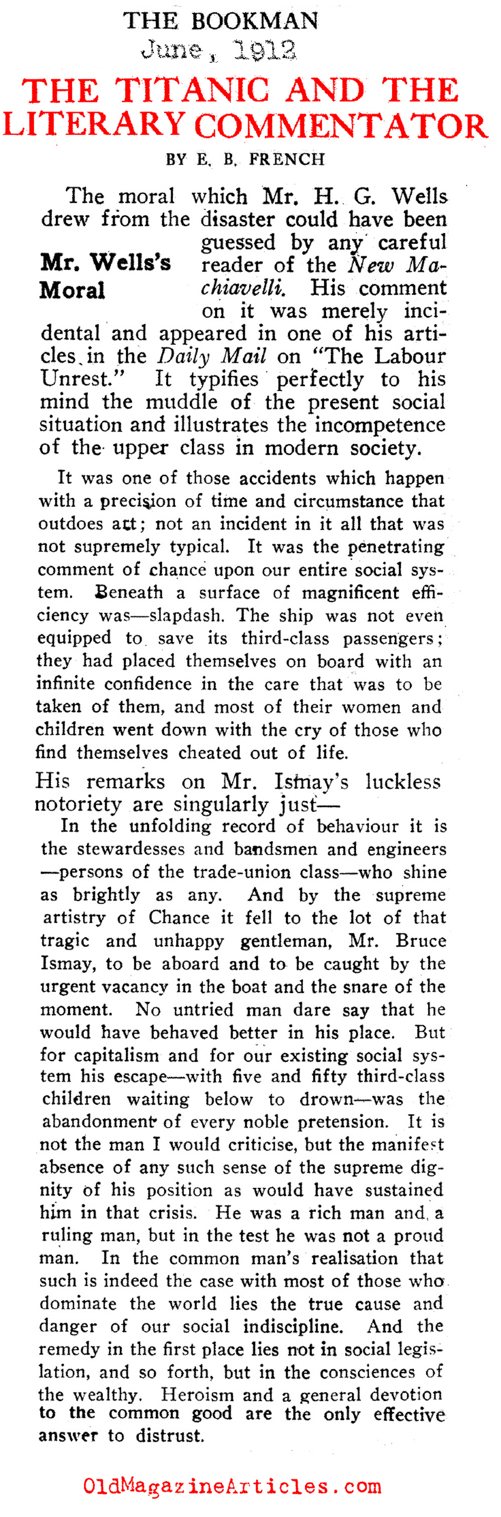 H.G. Wells' Remarks  on the <em>Titanic</em>  Disaster  (The Bookman, 1912)