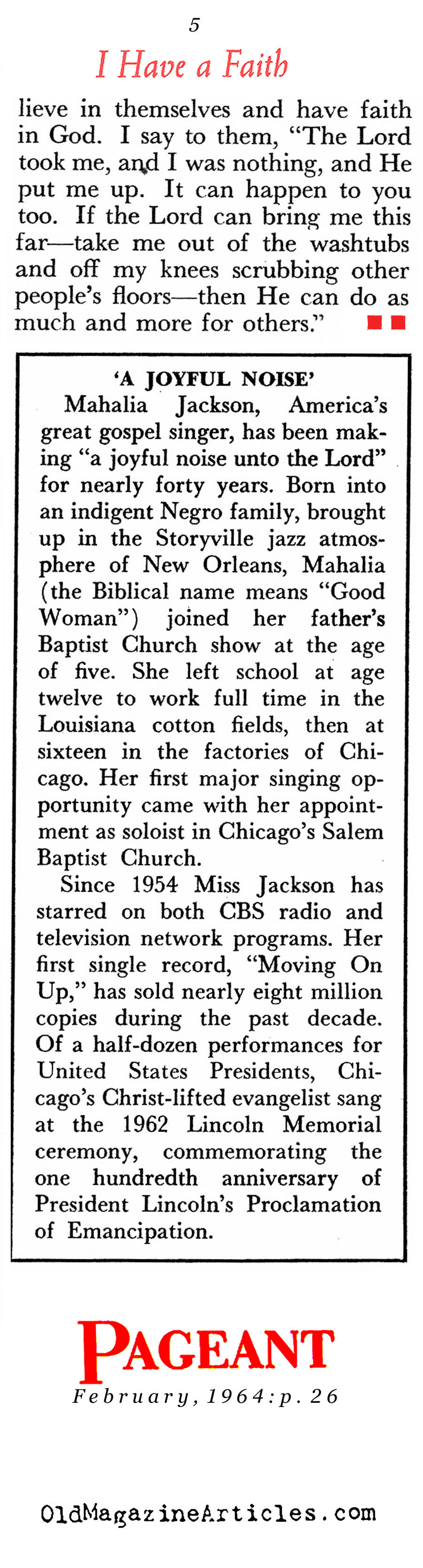 The Faith of Mahalia Jackson  (Pageant Magazine, 1964)