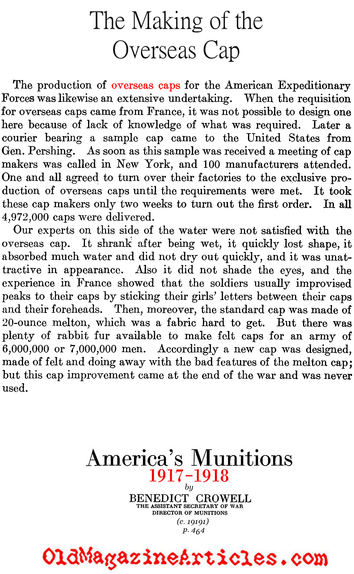 Manufacturing the Overseas Cap (America's Munitions, 1919)