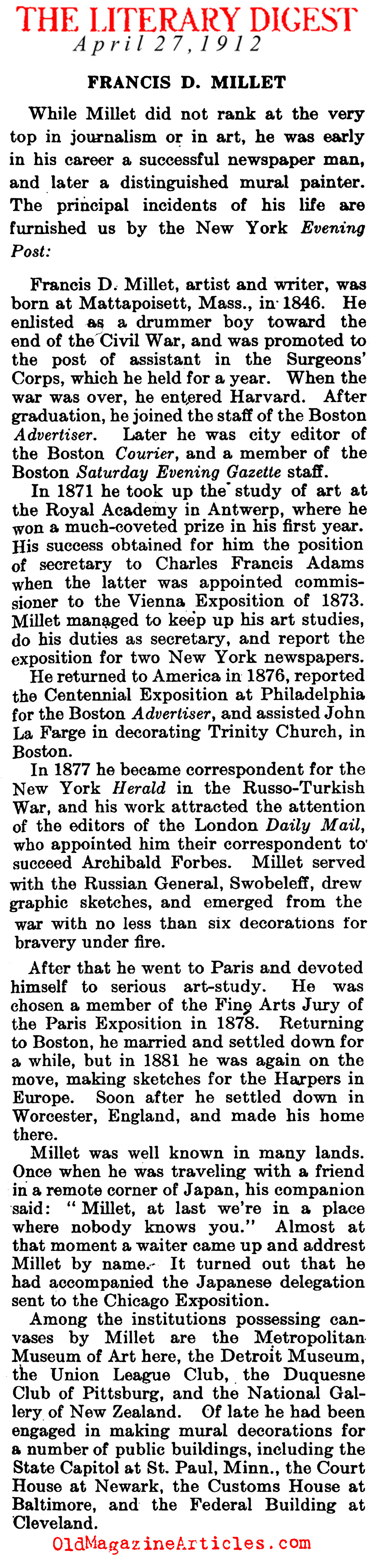 <em>Titanic</em> Obituary: Francis D. Millet  (Literary Digest, 1912)