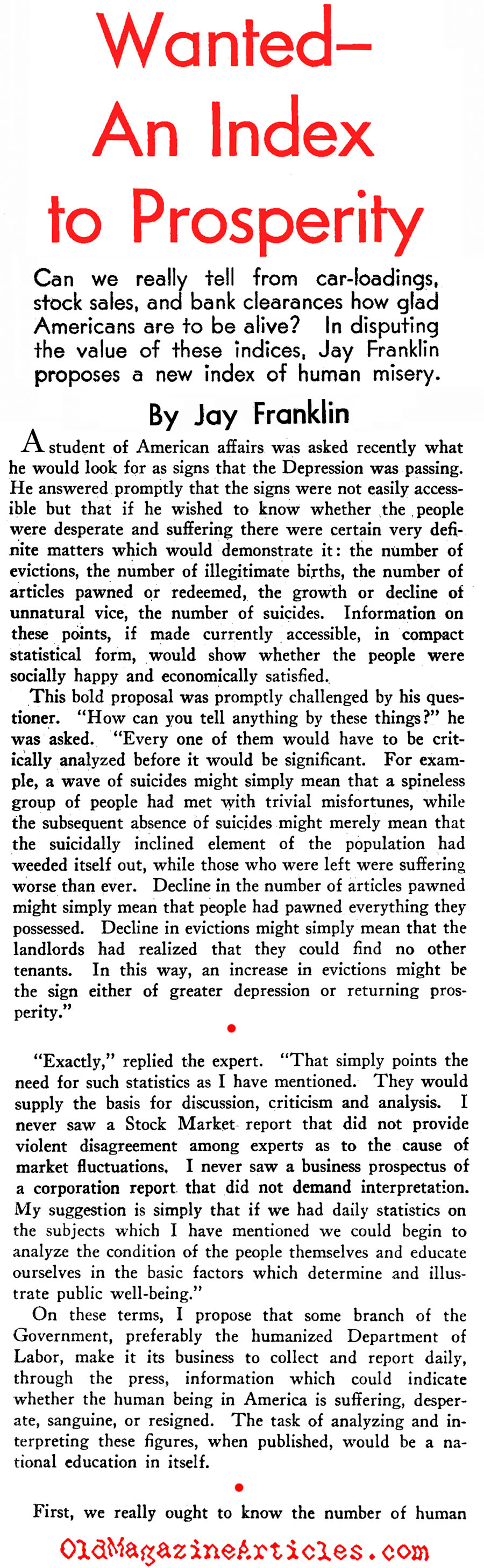 Establishing A Misery Index  (New Outlook Magazine, 1933)