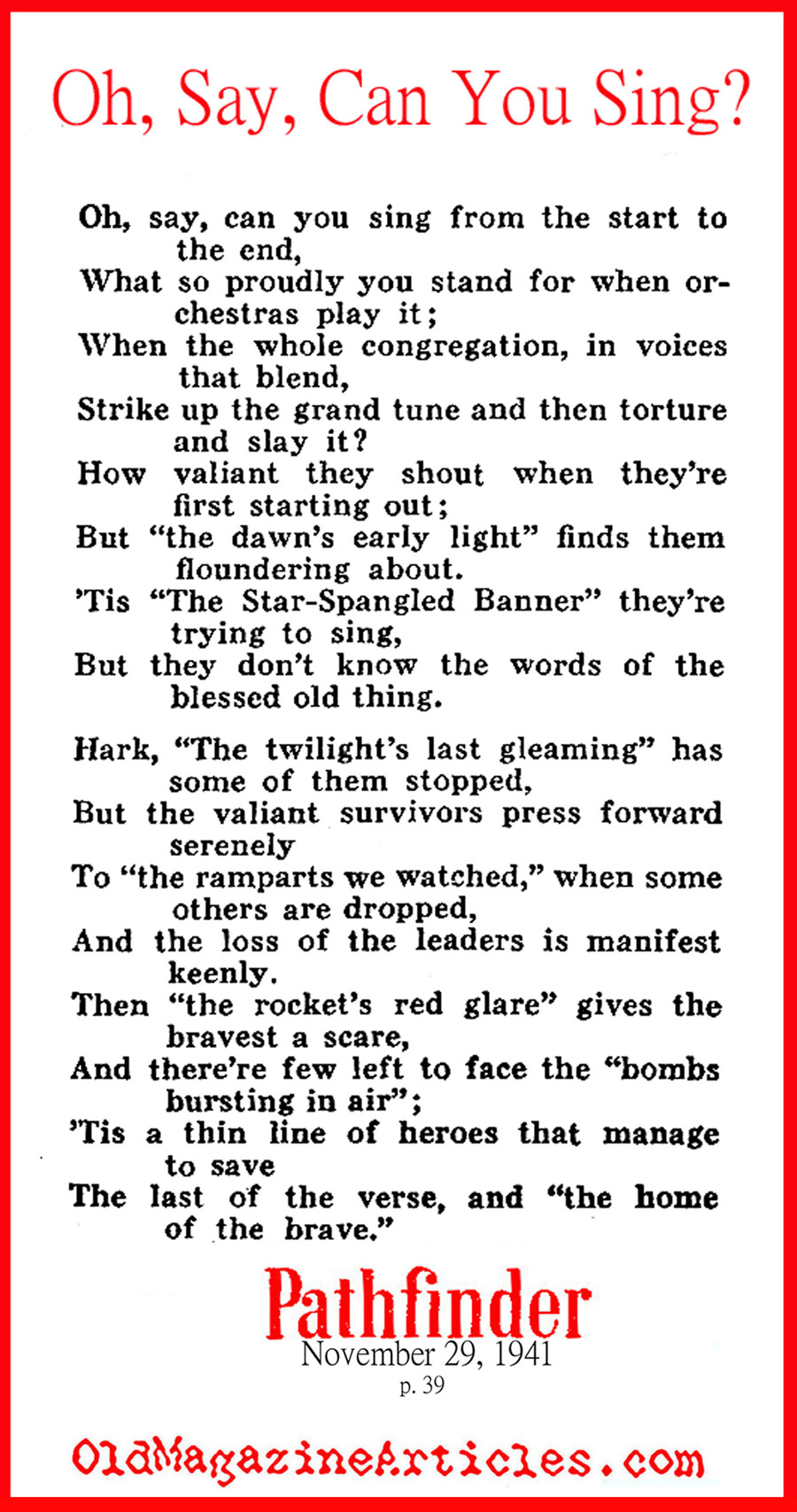 Alternative Lyrics for the National Anthem (Pathfinder, 1941)
