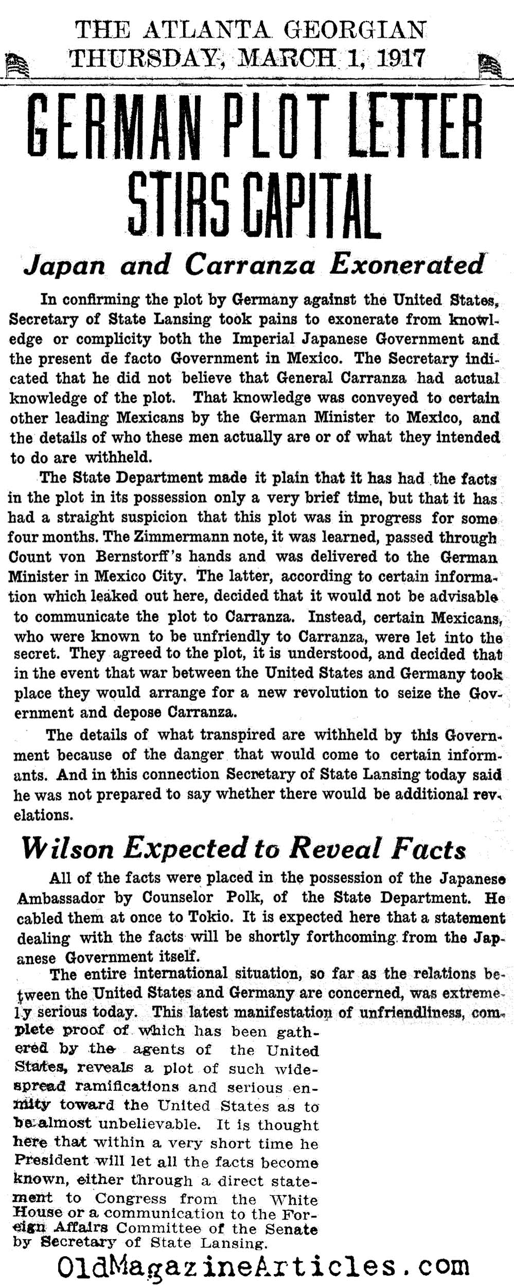 President Wilson Exonerates Mexico & Japan  (The Atlanta Georgian, 1917)