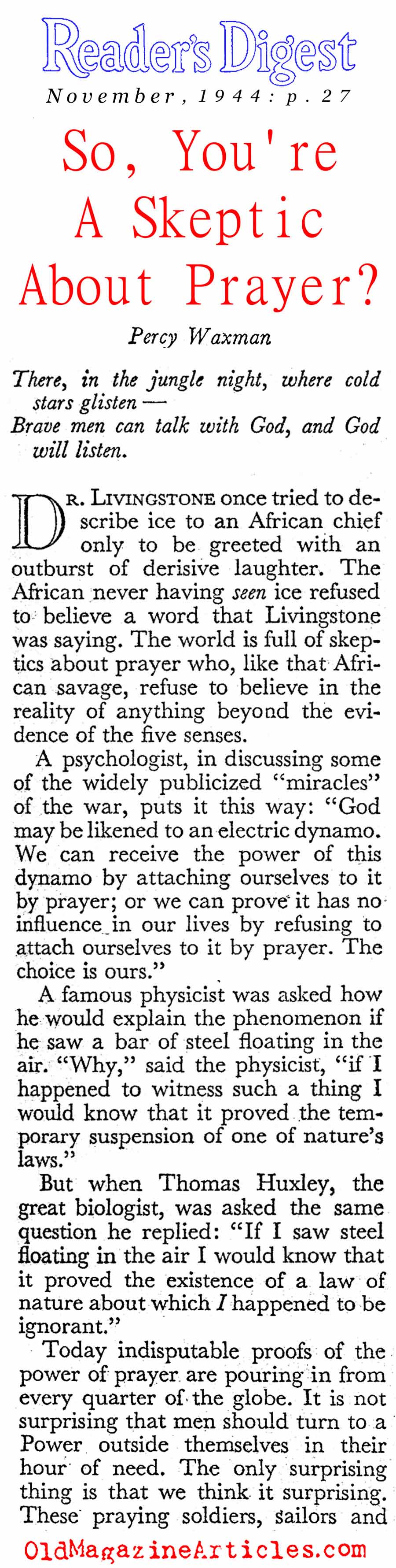 A World War II Prayer Story (Reader's Digest, 1944)