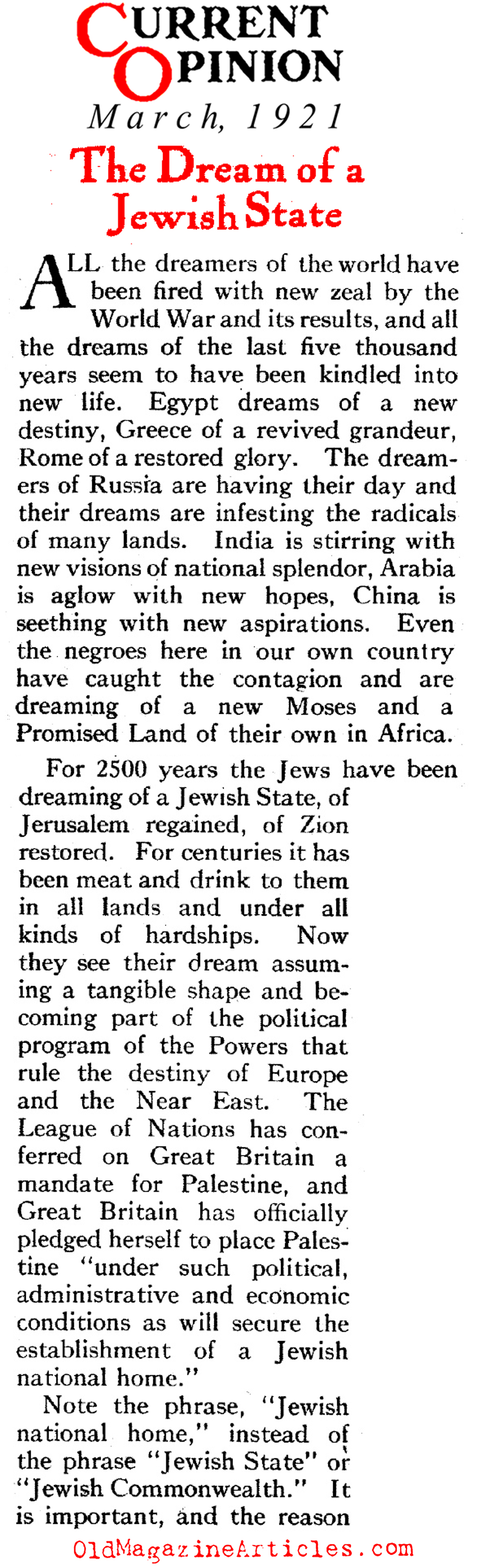 Problems in British Palestine... (Current Opinion Magazine, 1921)