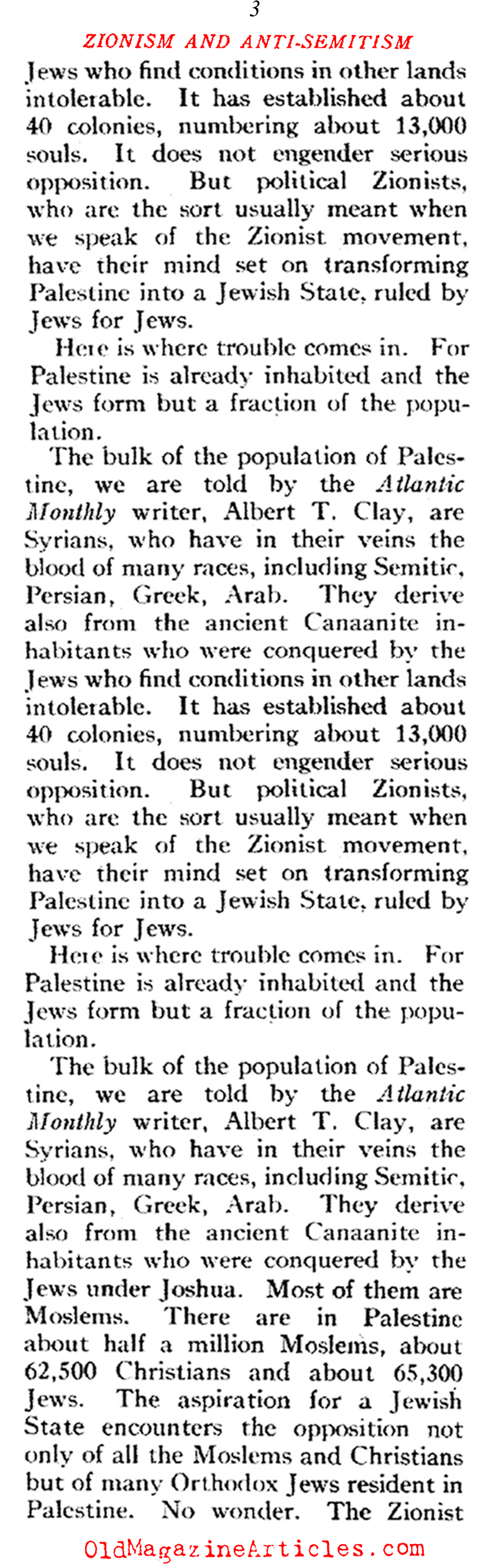 Problems in British Palestine... (Current Opinion Magazine, 1921)