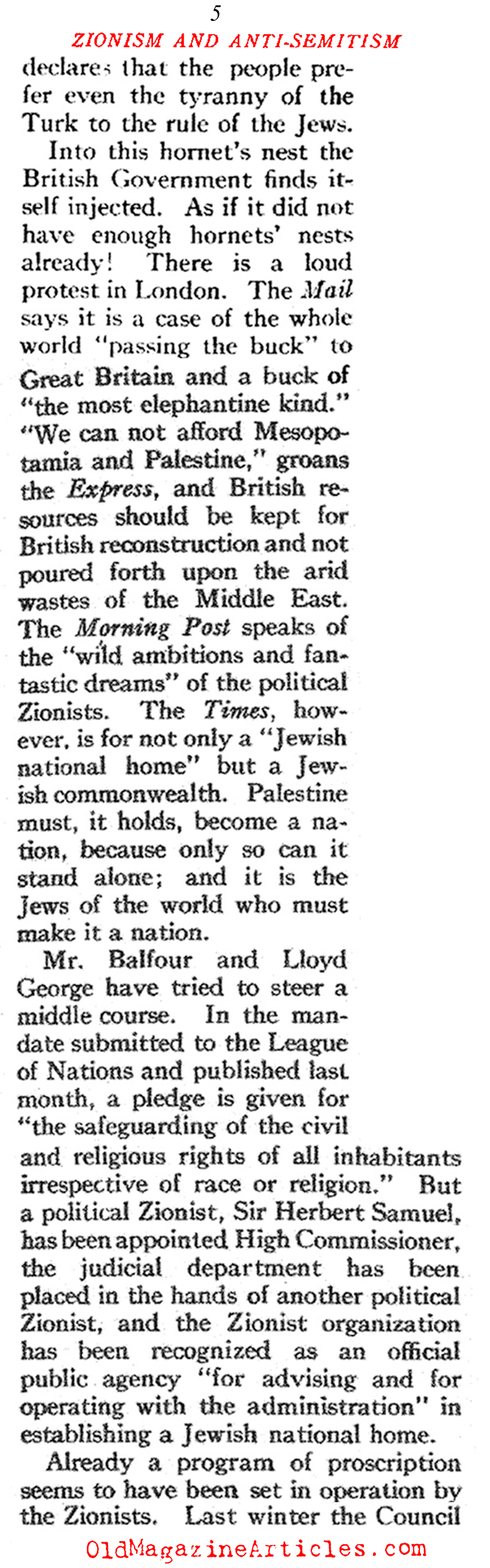 Problems in British Palestine... (Current Opinion Magazine, 1921)