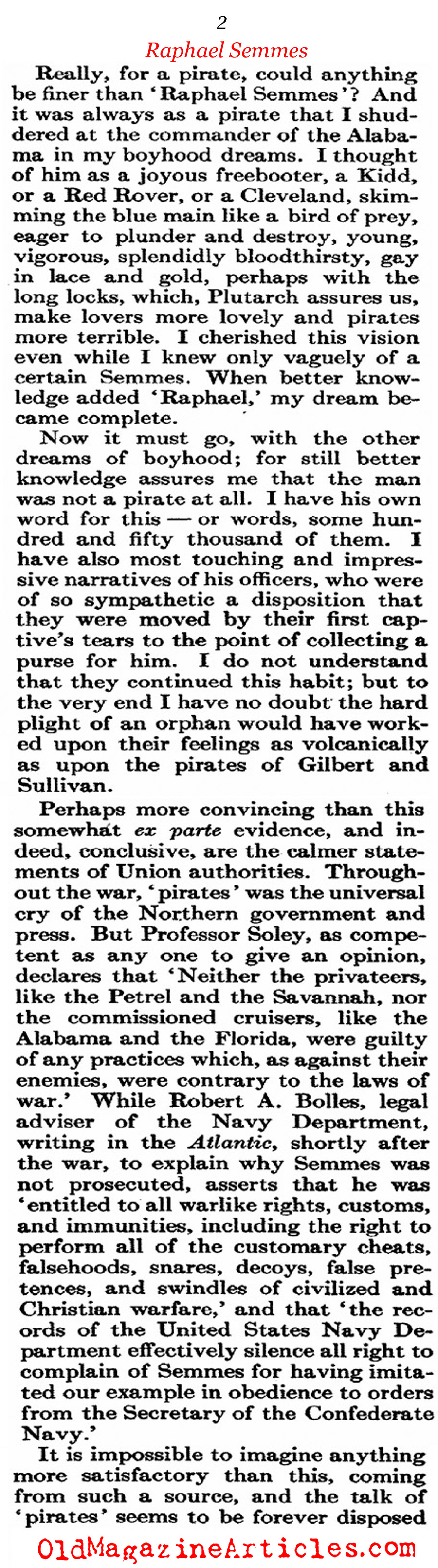  Civil War Pirate Raphael Semmes (Atlantic Monthly, 1913)