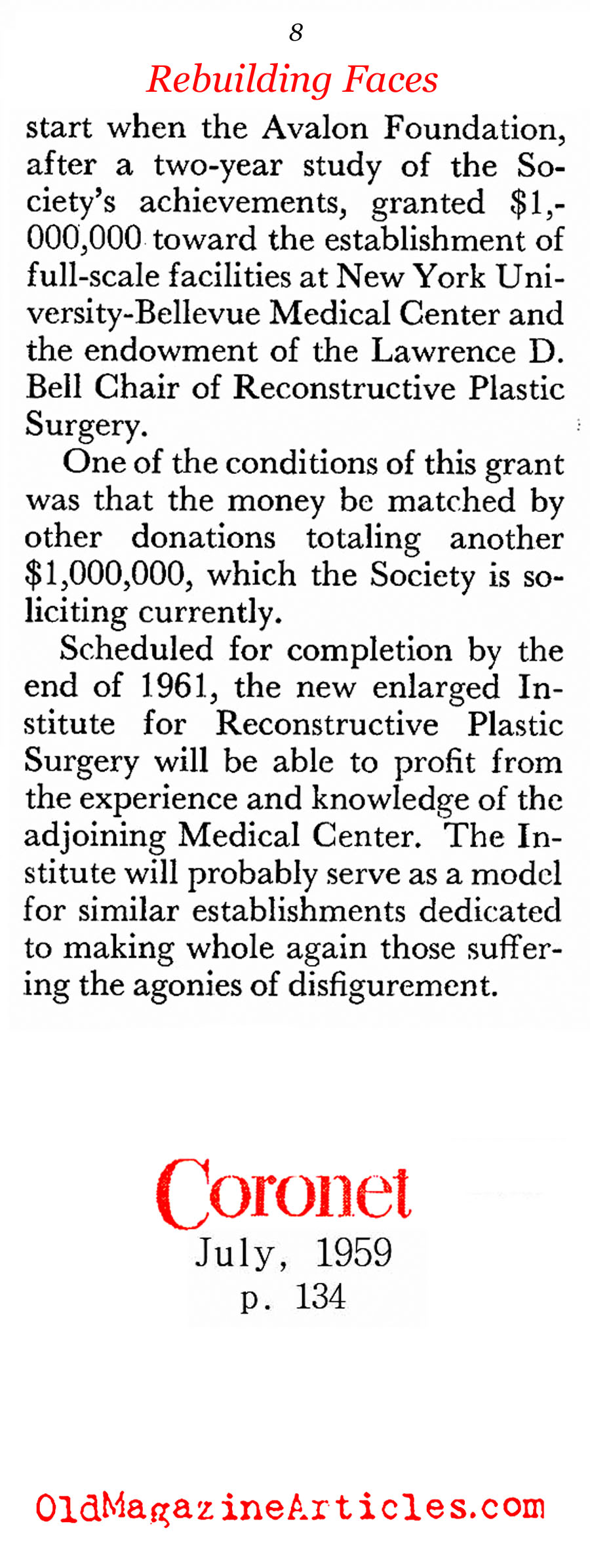 The Institute for Reconstructive Plastic Surgery<BR> (Coronet Magazine, 1959)