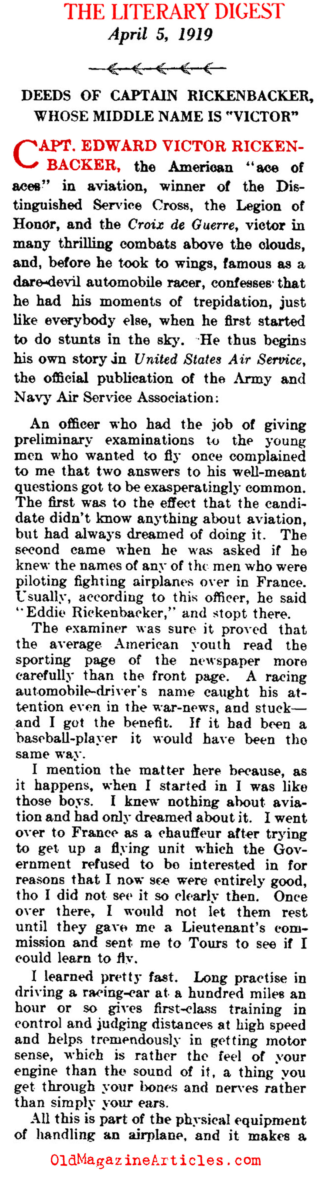 Captain Eddy Rickenbacker: Fighter Pilot (The Literary Digest, 1919)