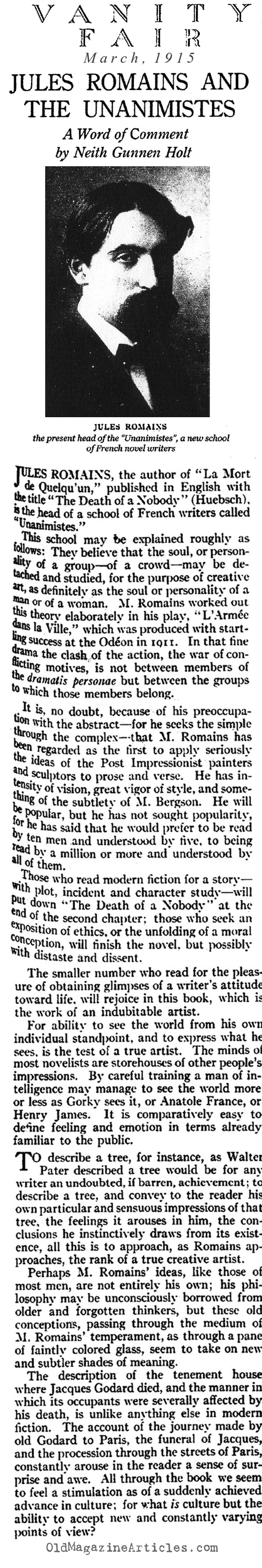 Jules Romains and THE DEATH OF NOBODY  (Vanity Fair, 1915)