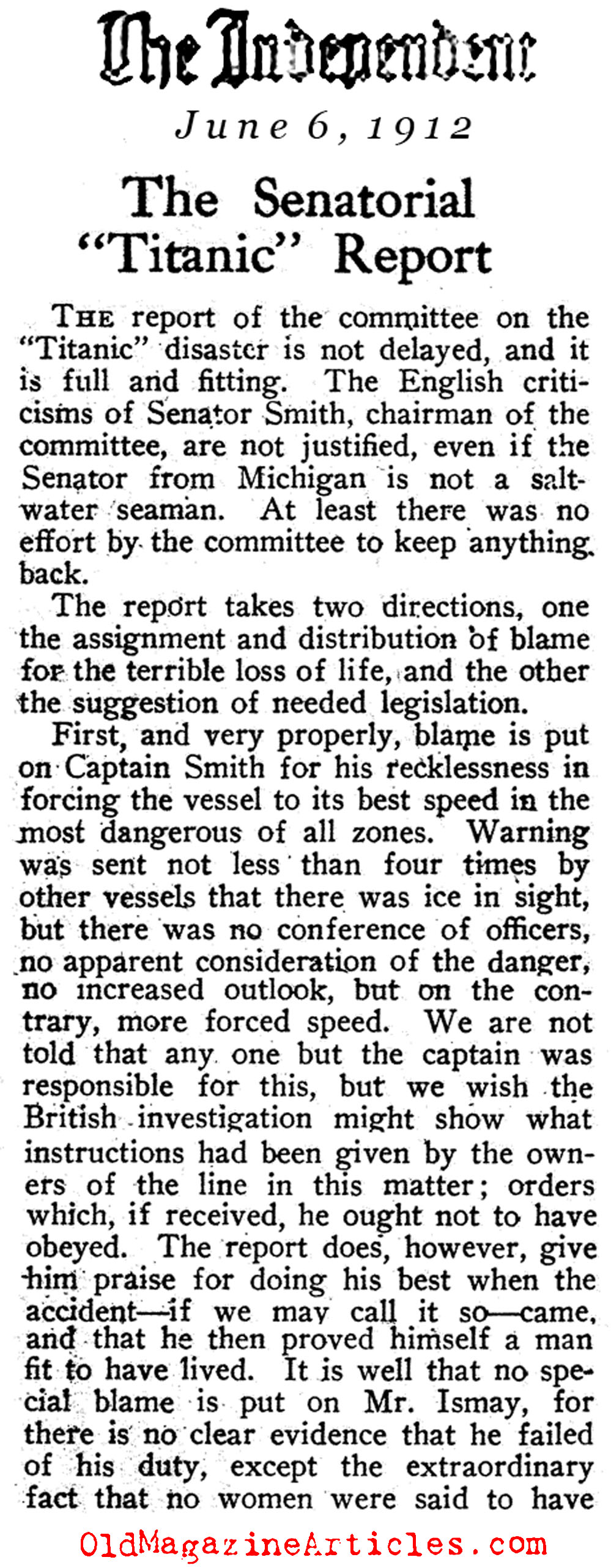  The U.S. Senate's Report on the <em>Titanic</em>  Disaster (The Independent, 1912)