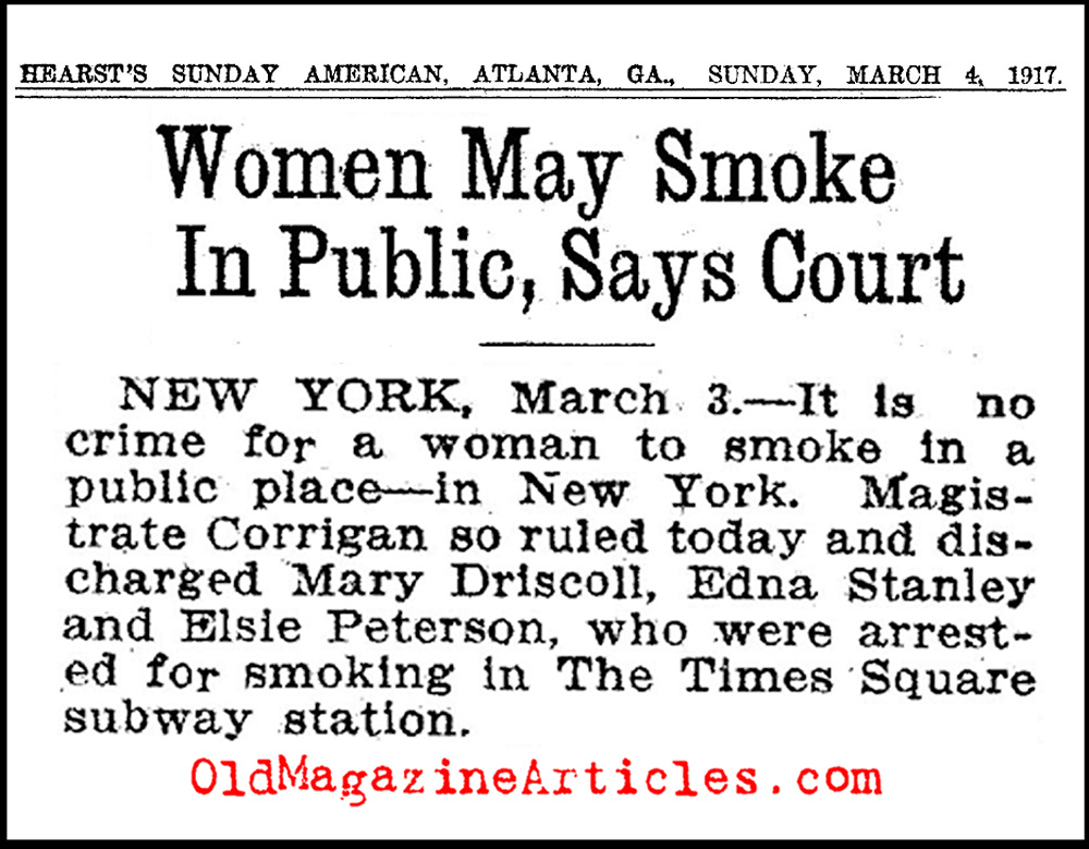 N.Y. Court Ruled That Women Can Smoke in Public  <BR> (Hearst's Sunday American, 1917)