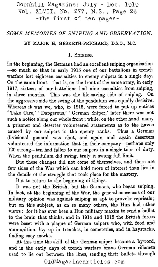 Sharp-Shooting on the Western Front  (Cornhill Magazine, 1919)