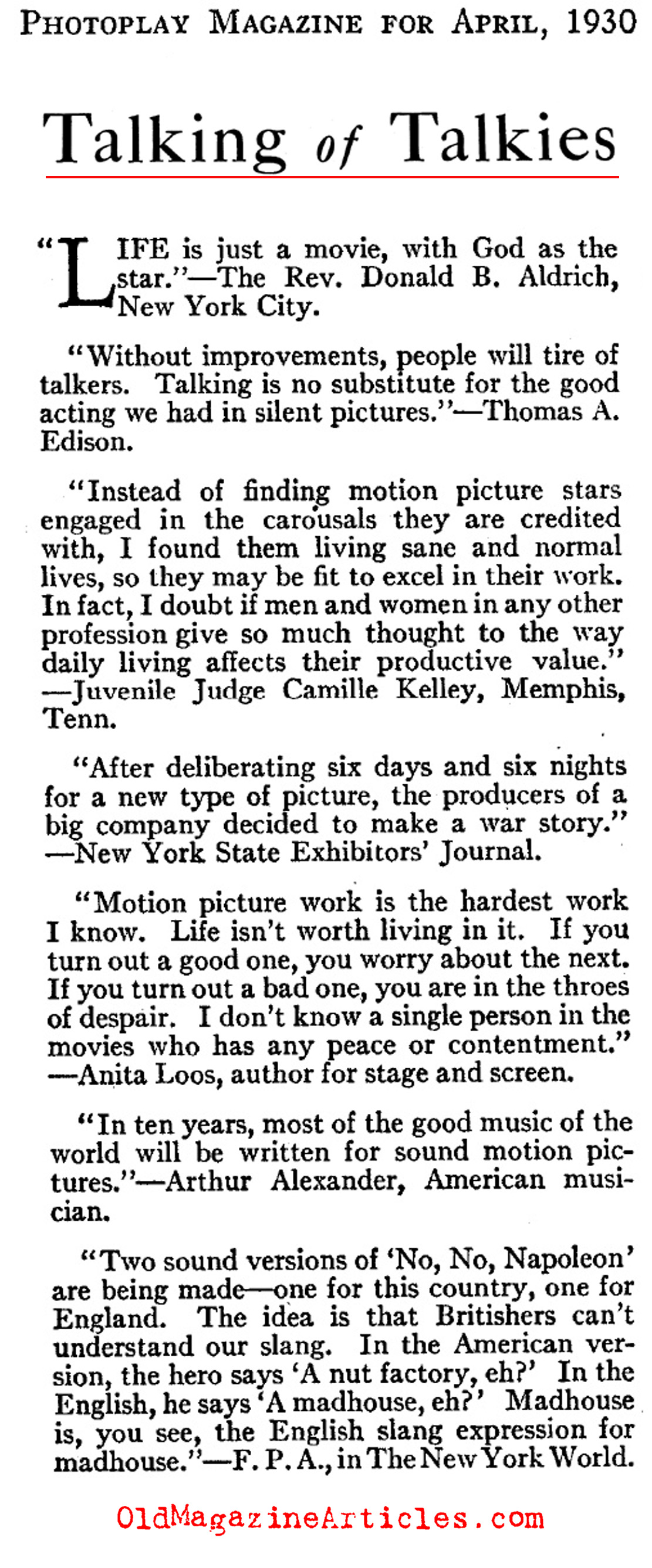 Various Remarks About the First Talkies (Photoplay Magazine, 1930)