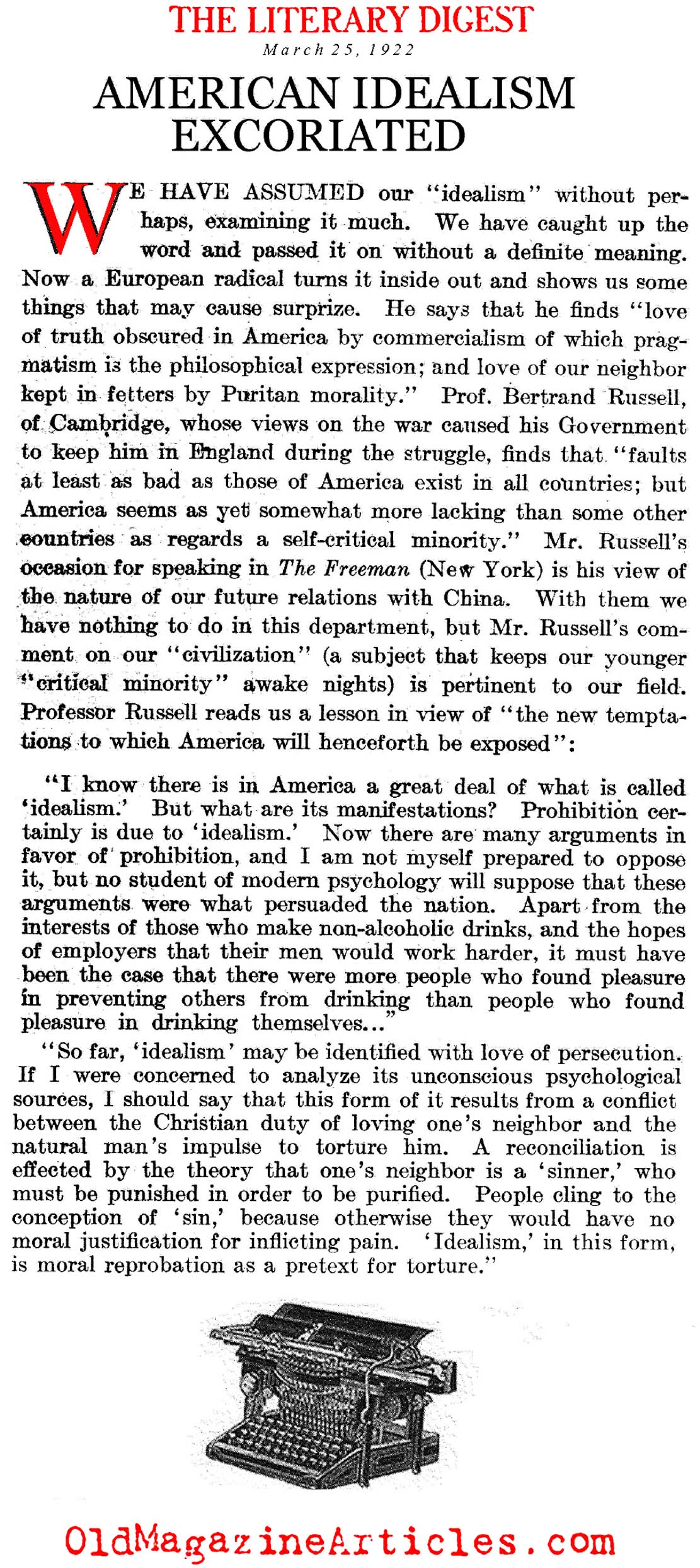 Prohibition:  A Product of American Idealism (Literary Digest, 1922)