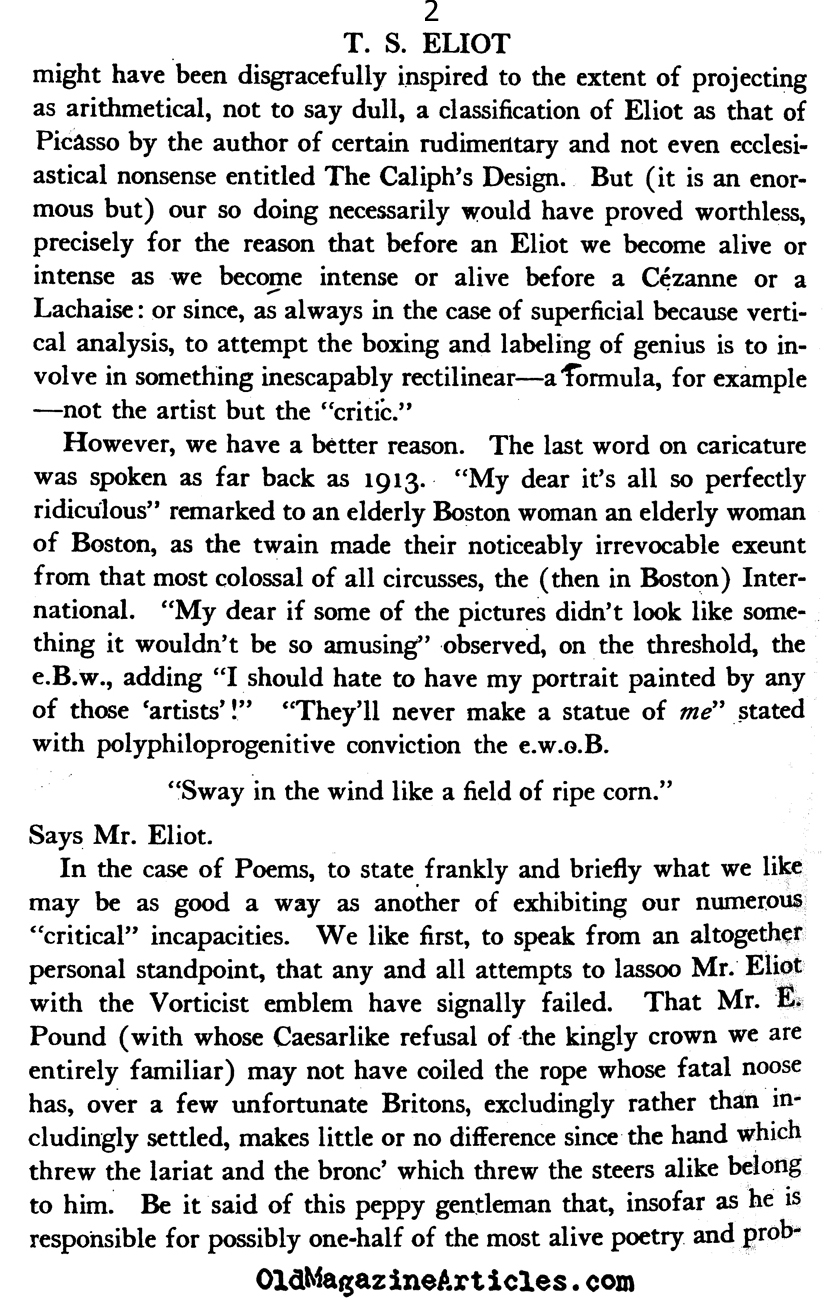 E.E. Cummings on T.S. Eliot  (The Dial Magazine, 1920)