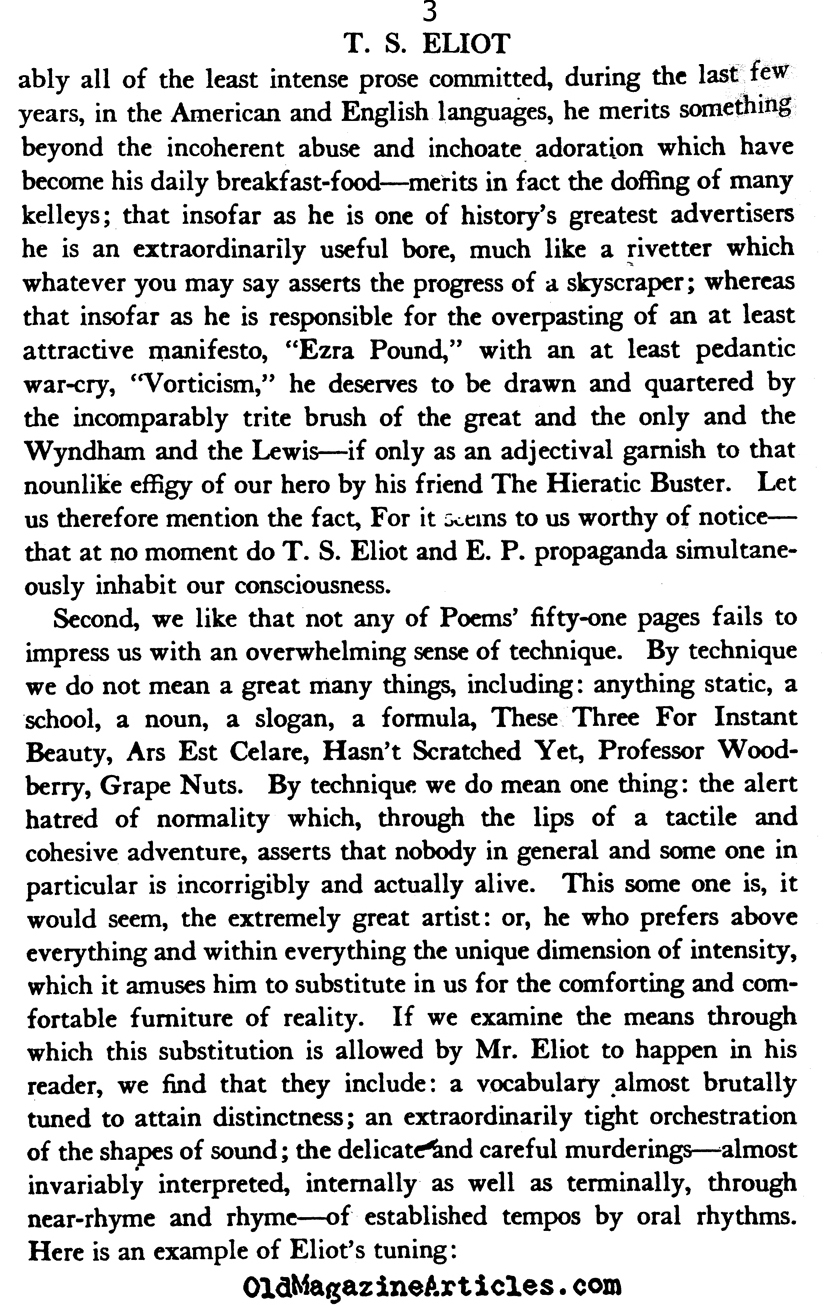 E.E. Cummings on T.S. Eliot  (The Dial Magazine, 1920)