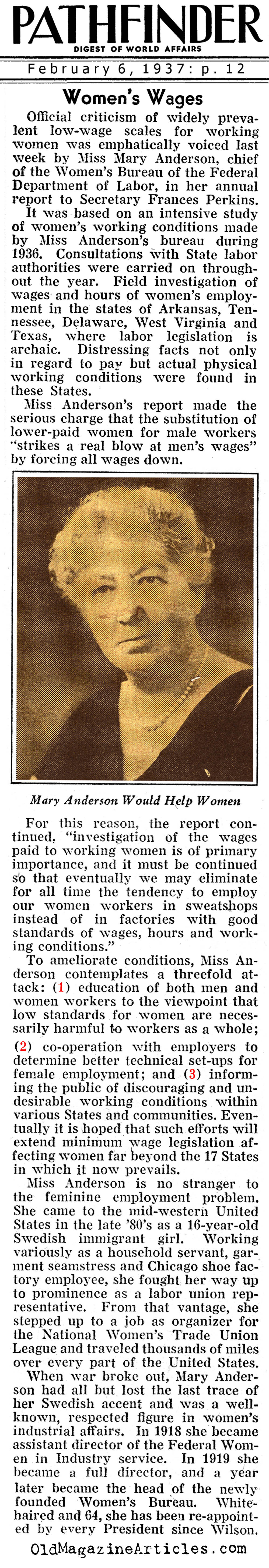 Low-Wage Pay Scales for Working Women (Pathfinder Magazine, 1937)