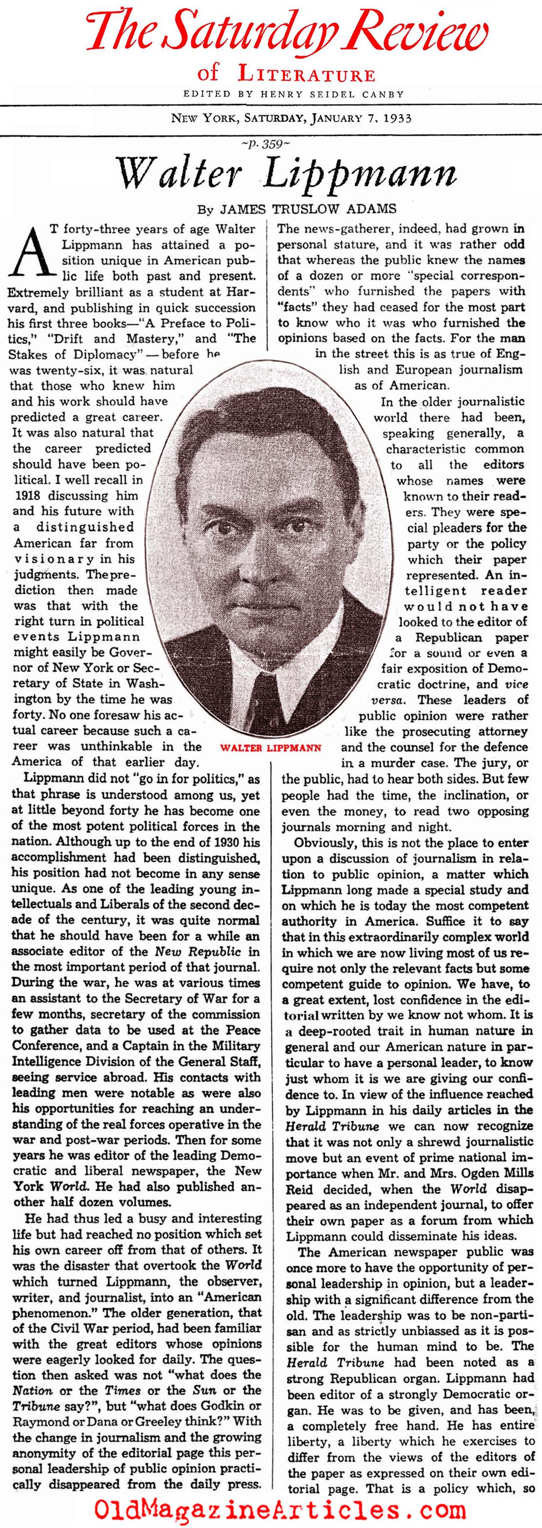  Walter Lippmann: Columnist (Saturday Review of Literature, 1933)