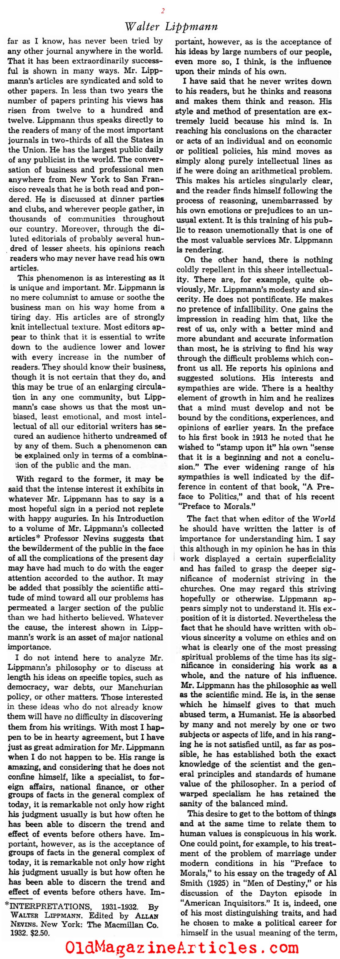  Walter Lippmann: Columnist (Saturday Review of Literature, 1933)