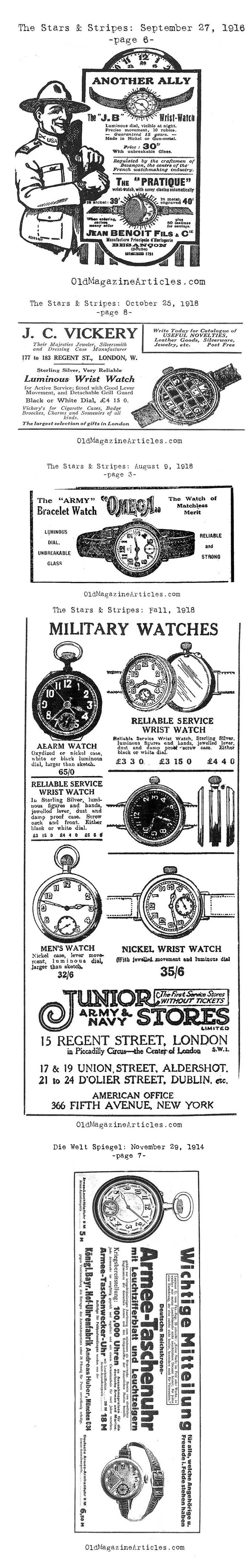 Advertisements: Five Ads for Military Wrist Watches ( S & S, 1918 and Die Welt Spiegel, 1914)
