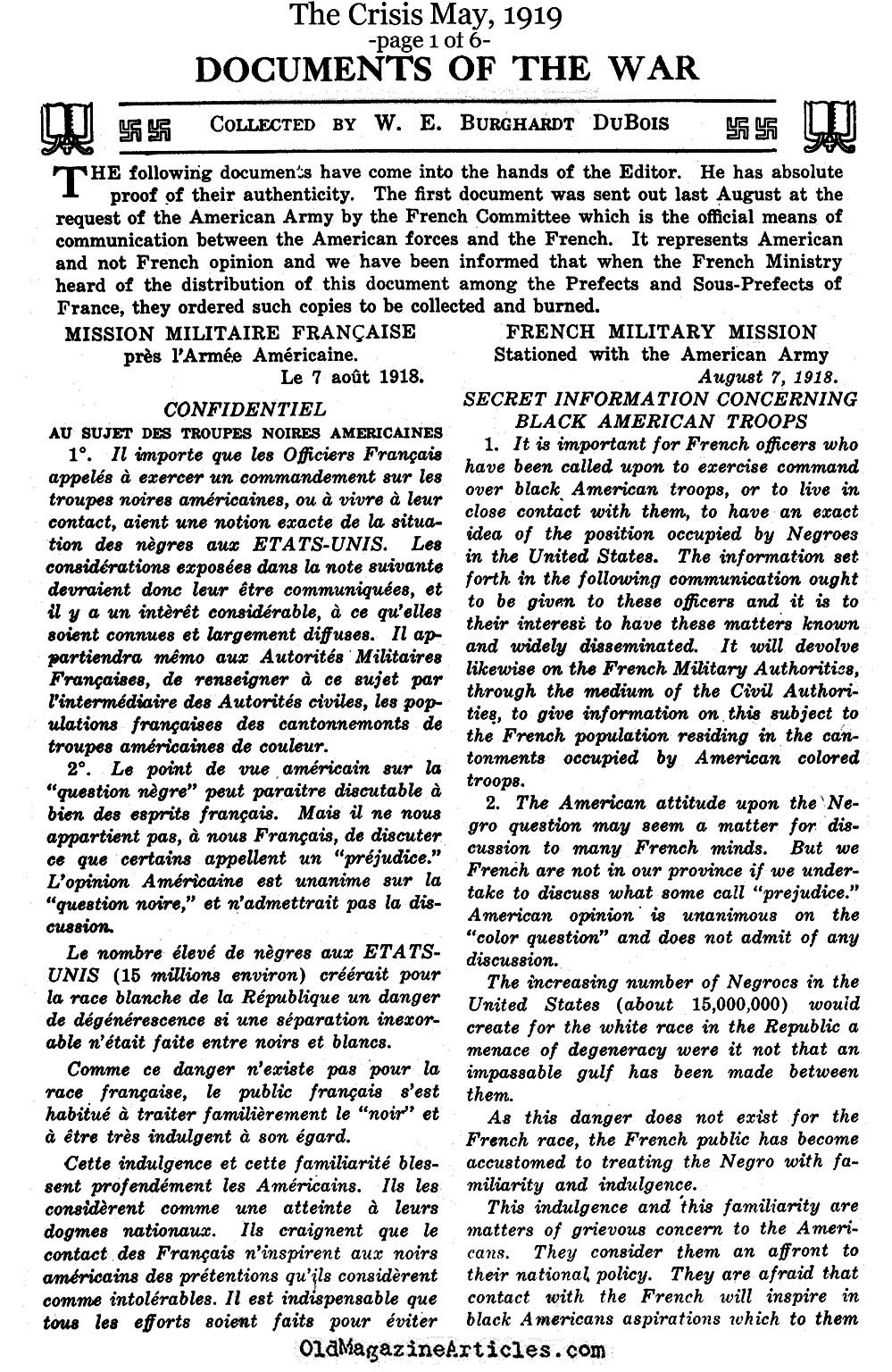 W.E.B. Du Boise and the Documents of U.S. Army Prejudice  (The Crises, 1919