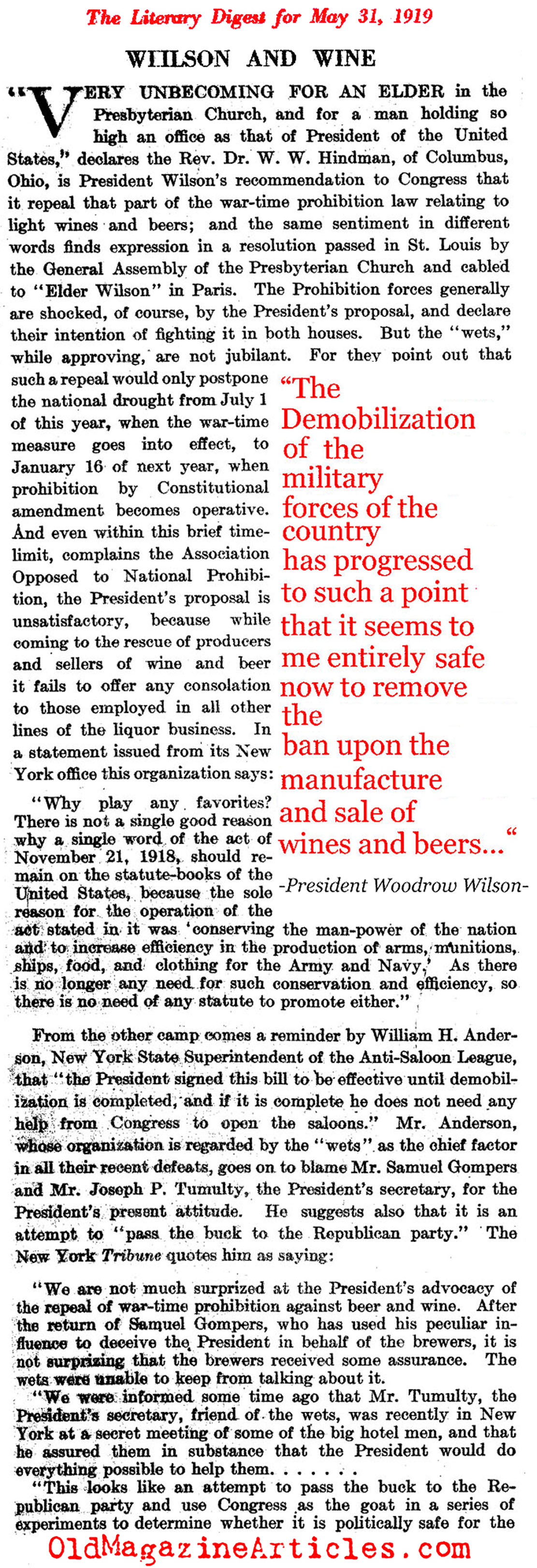 Woodrow Wilson and the Repeal of Prohibition  (Literary Digest, 1919)