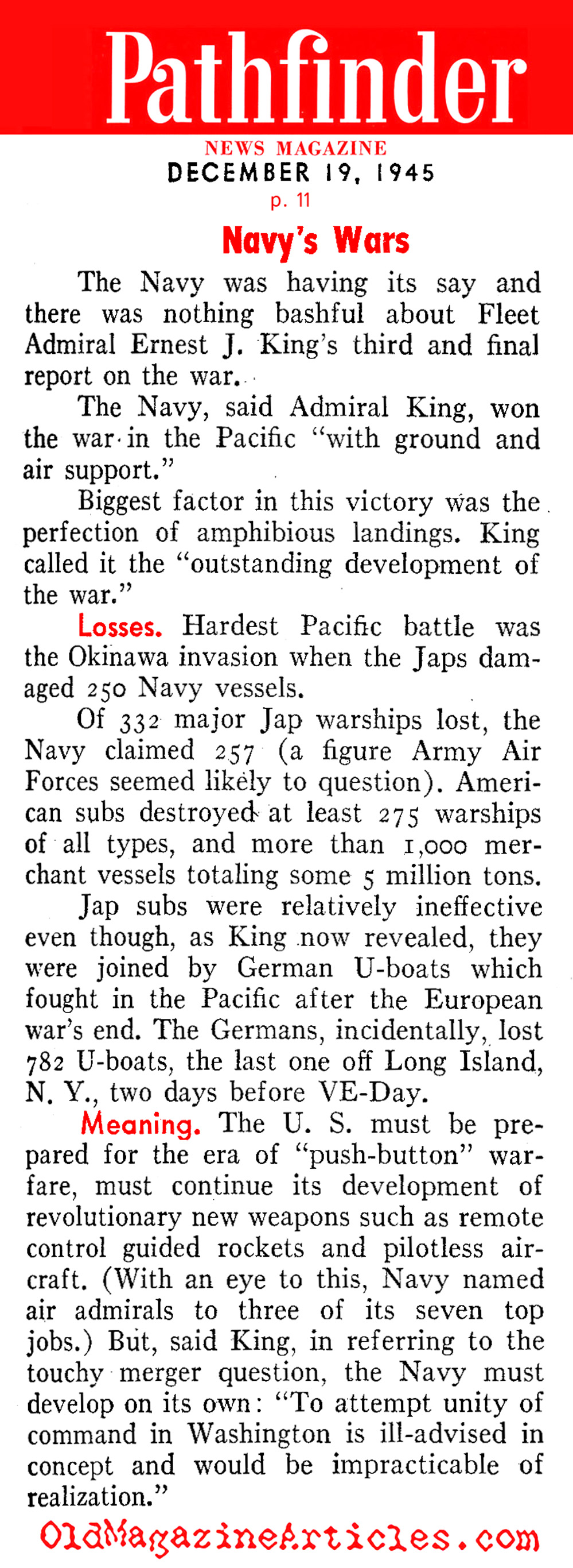 Assessing the U.S. Navy in W.W. II (Pathfinder Magazine, 1945)
