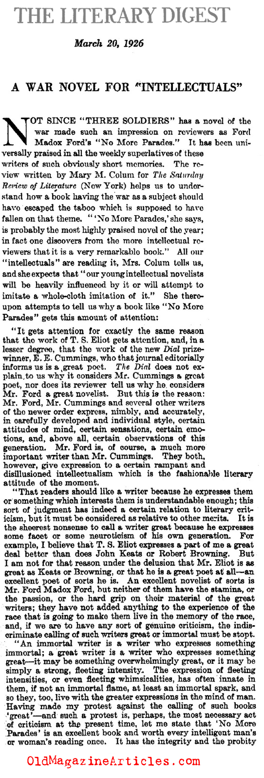 'No More Parades' by Ford Madox Ford (Literary Digest, 1926)