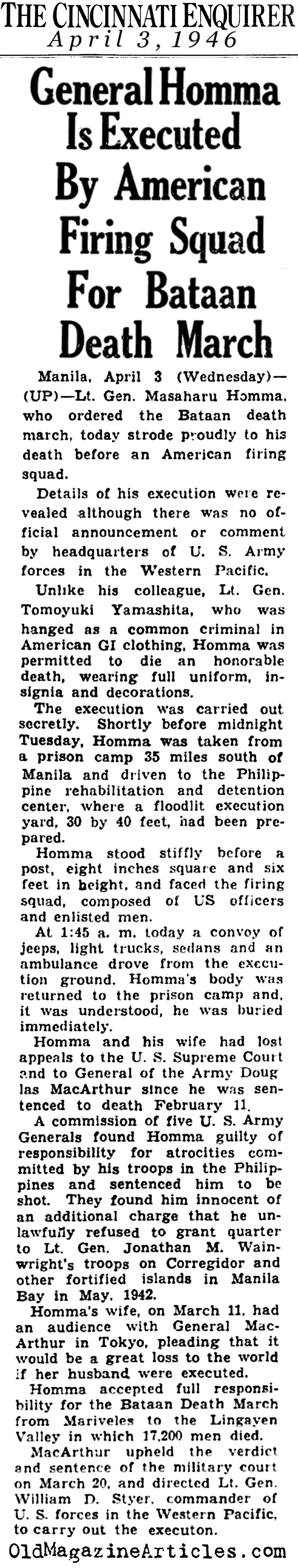 Author of the Bataan Death March Executed (Cincinatti Enquirer, 1946)